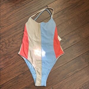 Hula Honey Cream, coral and blue One Piece Swimsuit with High-Cut Leg